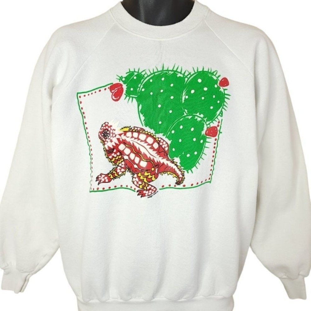 Red Yellow Horned Lizard Sweatshirt Vintage 90s Desert Cactus Made In USA Mens